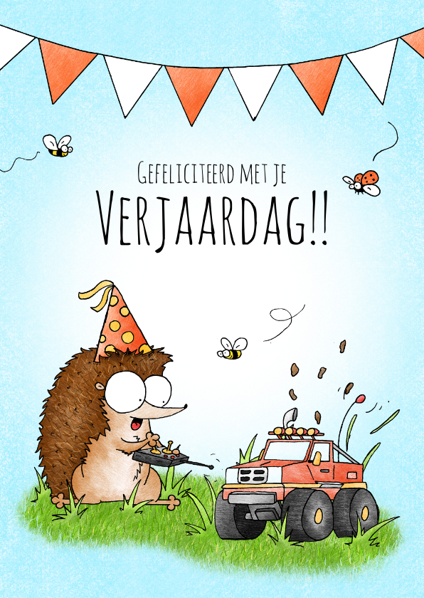 Verjaardagskaart met egeltje en een bestuurbare auto - Verjaardagskaarten Verjaardagskaarten - Verjaardagskaart met egeltje en een bestuurbare auto