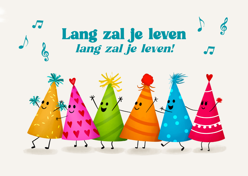 Verjaardagskaart met feesthoedjes die de polonaise dansen - Verjaardagskaarten Verjaardagskaarten - Verjaardagskaart met feesthoedjes die de polonaise dansen