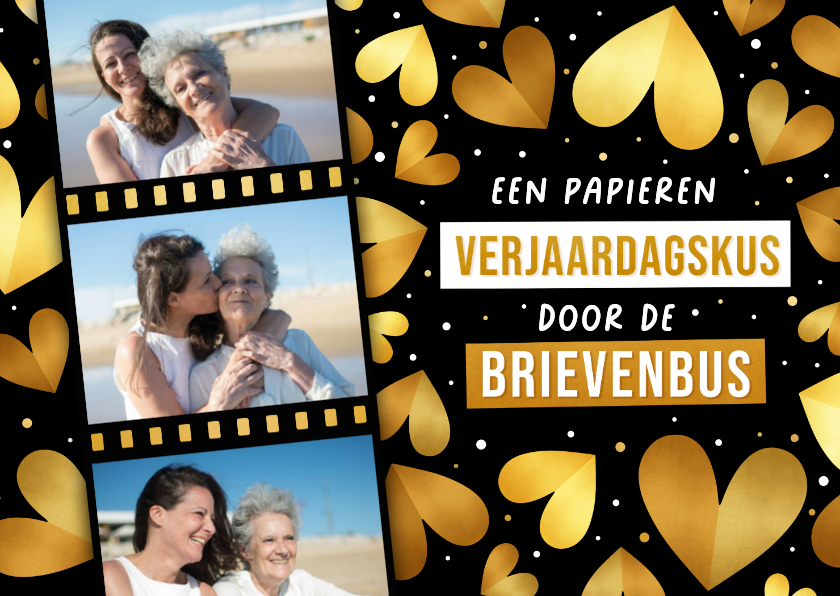 Verjaardagskaart met foto's kus brievenbus gouden hartjes - Verjaardagskaarten Verjaardagskaarten - Verjaardagskaart met foto's kus brievenbus gouden hartjes