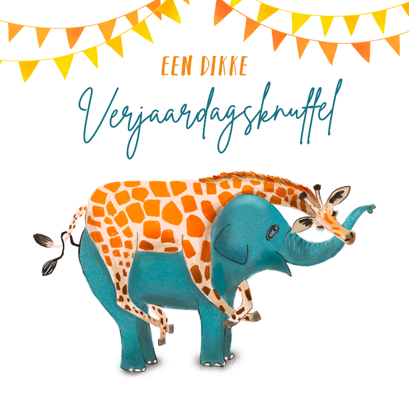 Verjaardagskaarten - Verjaardagskaart met giraffe, olifant en slingers