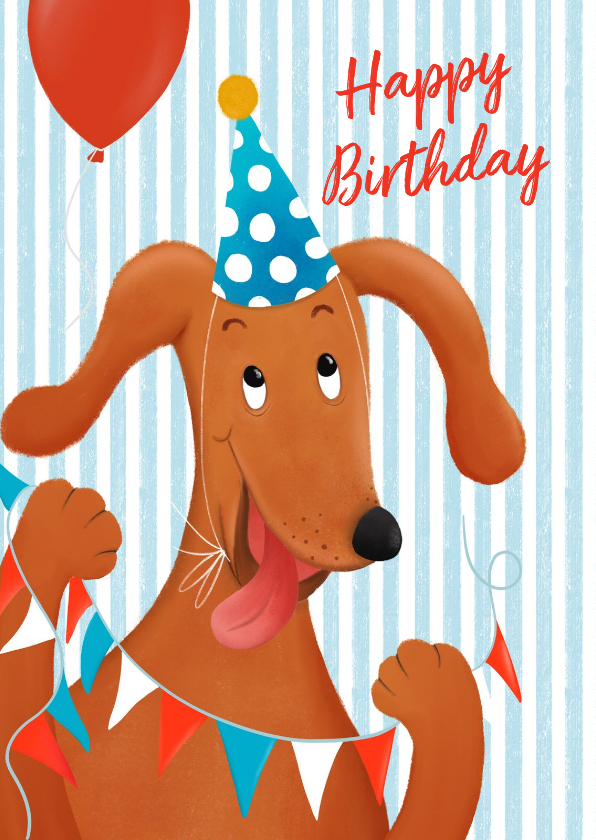 Verjaardagskaart met grappige hond en feesthoedje - Verjaardagskaarten Verjaardagskaarten - Verjaardagskaart met grappige hond en feesthoedje