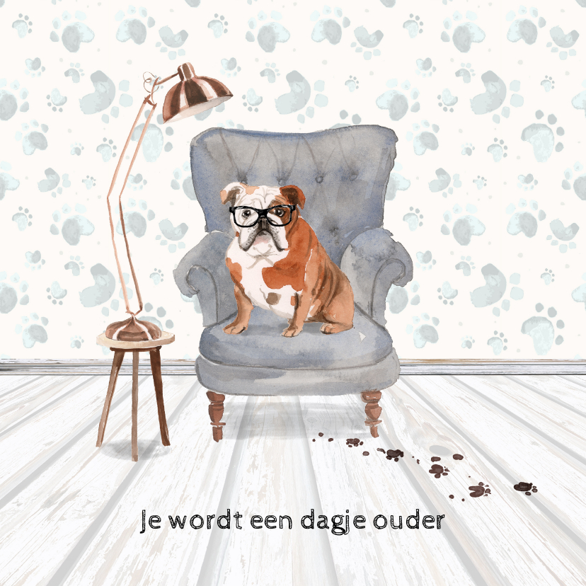 Verjaardagskaarten - Verjaardagskaart met hond in leunstoel