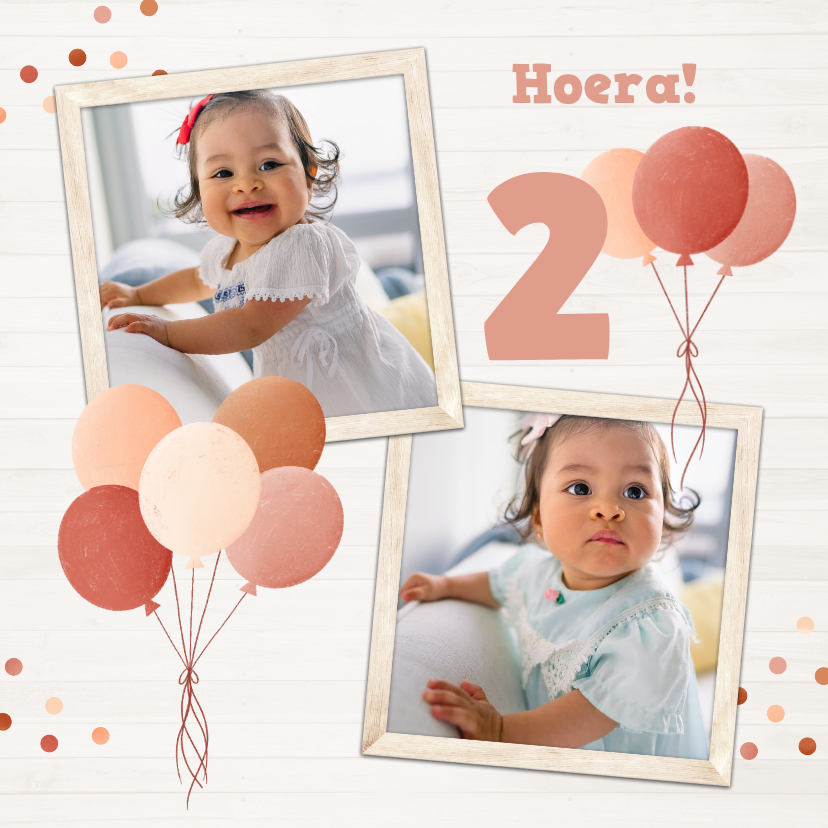 Verjaardagskaarten - Verjaardagskaart met hout foto's en roze ballonnen