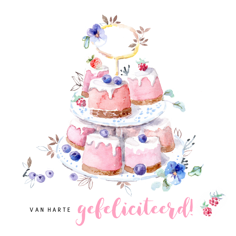 Verjaardagskaarten - Verjaardagskaart met illustratie cakejes en fruit