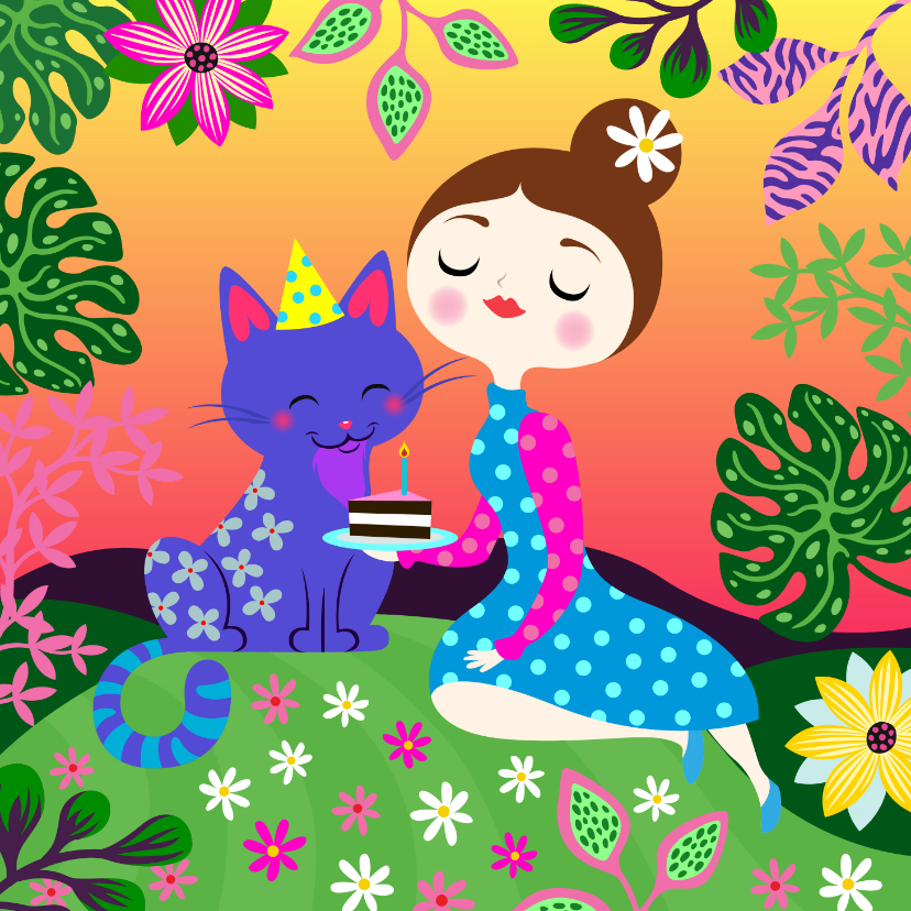 Verjaardagskaart met kat en vrolijk meisje - Verjaardagskaarten Verjaardagskaarten - Verjaardagskaart met kat en vrolijk meisje