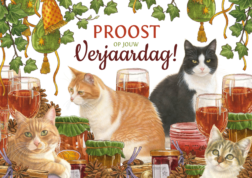 Verjaardagskaart met katten in herfstsfeer - Verjaardagskaarten Verjaardagskaarten - Verjaardagskaart met katten in herfstsfeer
