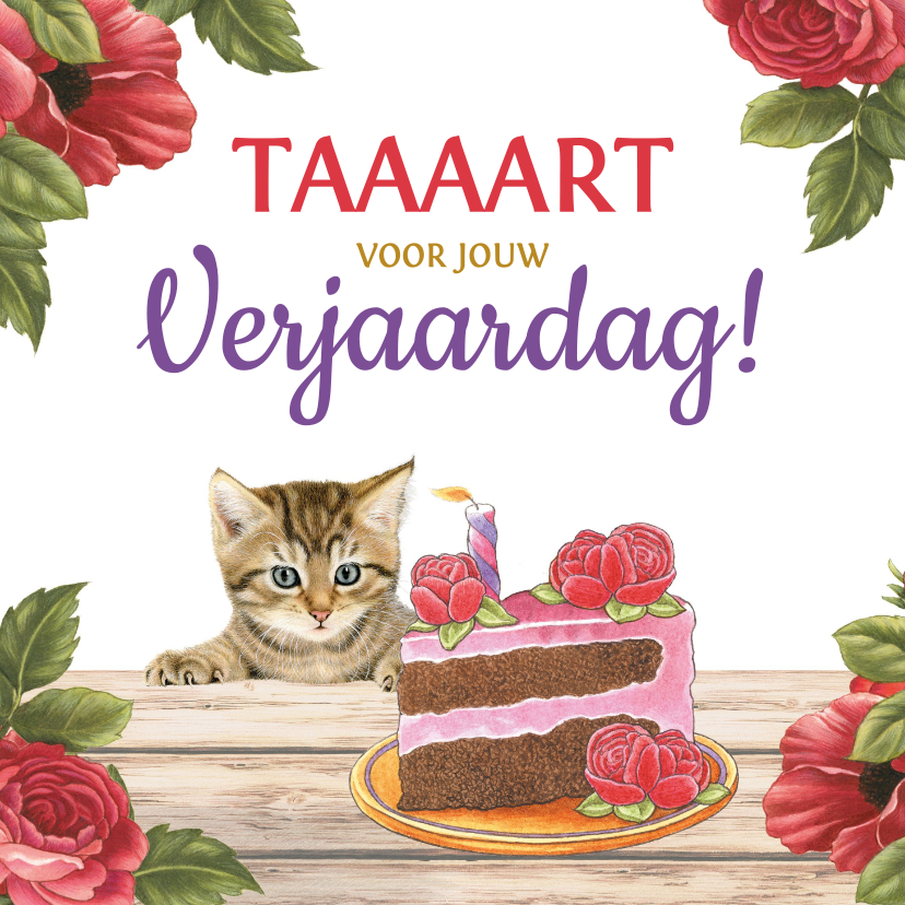 Verjaardagskaarten - Verjaardagskaart met kitten taart voor je verjaardag