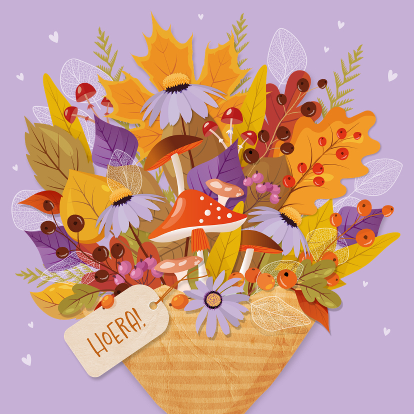 Verjaardagskaart met kleurrijk herfstboeket, label & hartjes - Verjaardagskaarten Verjaardagskaarten - Verjaardagskaart met kleurrijk herfstboeket, label & hartjes