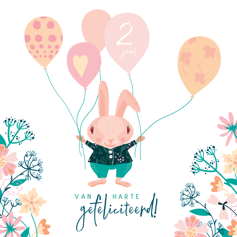 Verjaardagskaarten - Verjaardagskaart met konijn en ballonnen