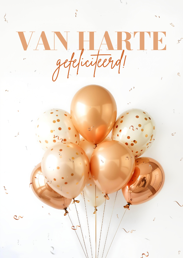 Verjaardagskaart met koperen ballonnen van harte - Verjaardagskaarten Verjaardagskaarten - Verjaardagskaart met koperen ballonnen van harte