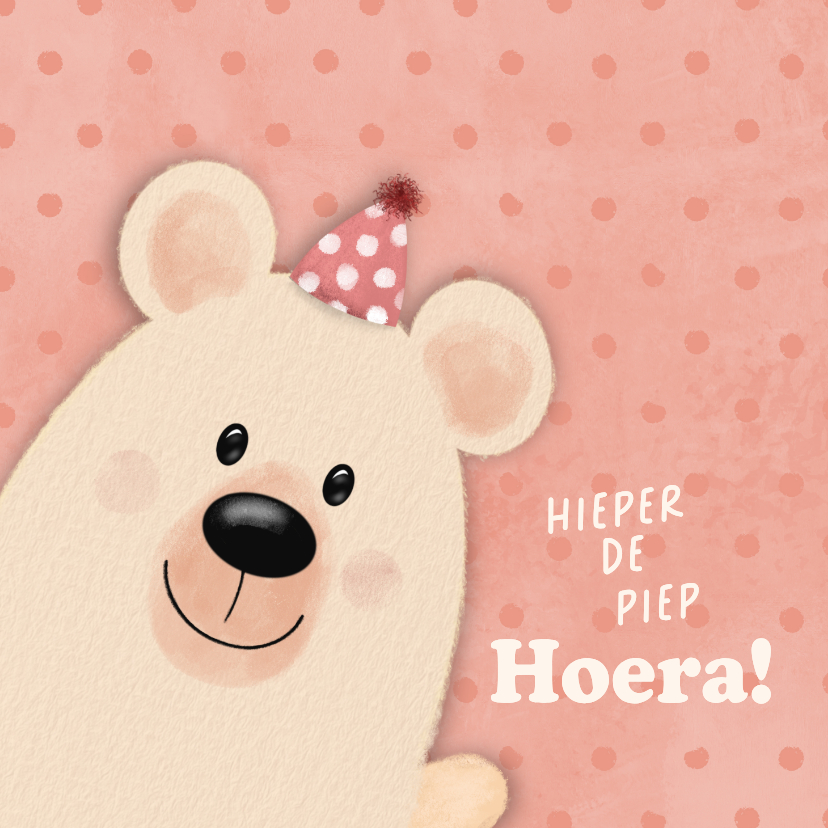 Verjaardagskaarten - Verjaardagskaart met lieve beer en feesthoedje en stippen