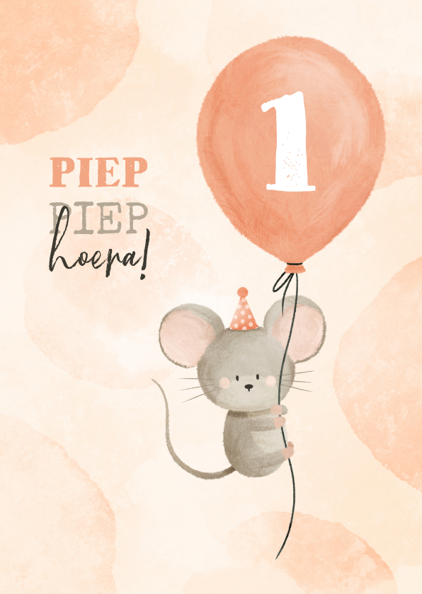 Verjaardagskaarten - Verjaardagskaart met muisje aan ballon 1 jaar