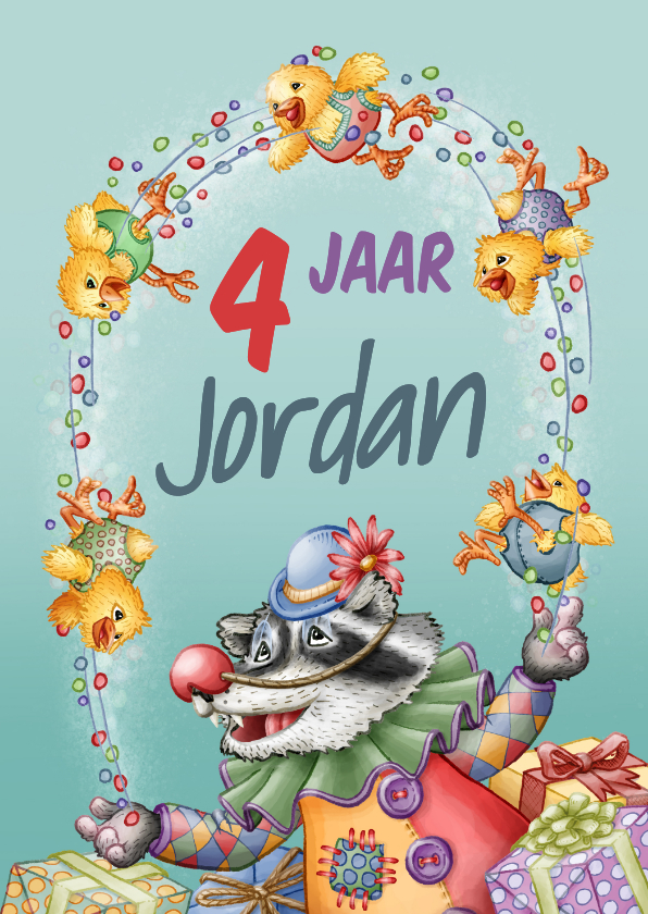 Verjaardagskaarten - verjaardagskaart met naam jonglerende wasbeer met kuikens 