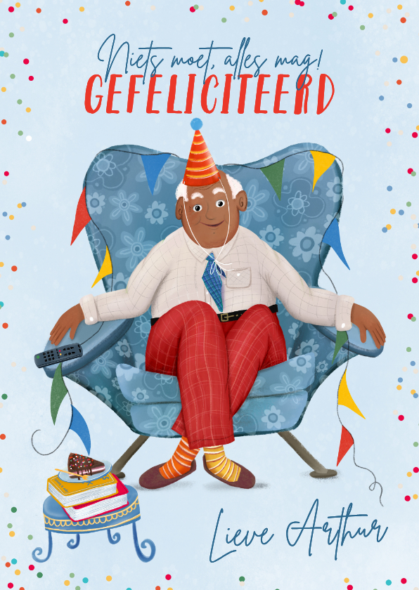 Verjaardagskaarten - Verjaardagskaart met oudere meneer in luie stoel