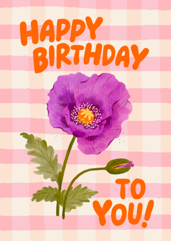 Verjaardagskaarten - Verjaardagskaart met paarse klaproos