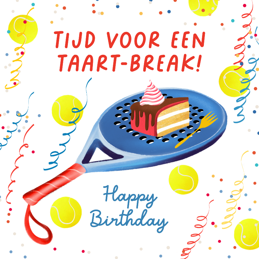 Verjaardagskaarten - Verjaardagskaart met padelracket en taartje