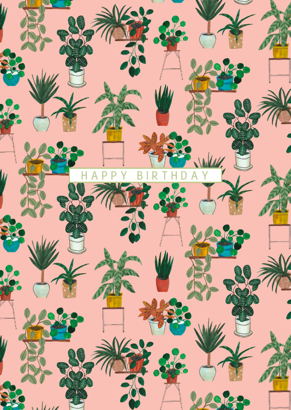 Verjaardagskaart met planten op een roze achtergrond. - Verjaardagskaarten Verjaardagskaarten - Verjaardagskaart met planten op een roze achtergrond.