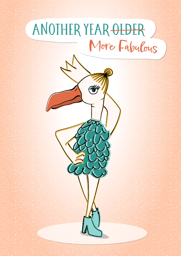 Verjaardagskaarten - Verjaardagskaart met poserende fashionista vogel op leeftijd