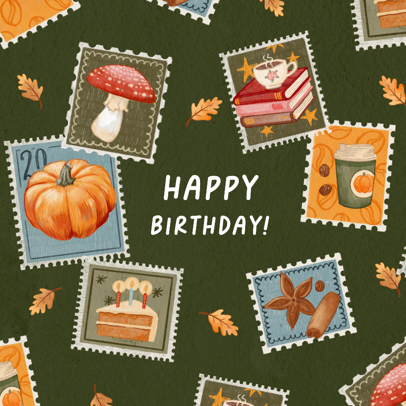 Verjaardagskaart met postzegels en herfst illustraties - Verjaardagskaarten Verjaardagskaarten - Verjaardagskaart met postzegels en herfst illustraties