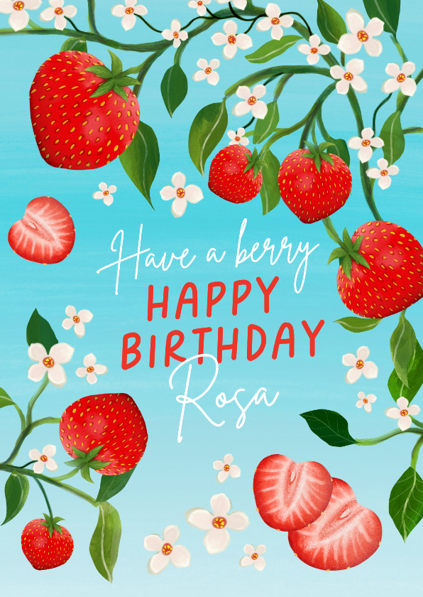 Verjaardagskaarten - Verjaardagskaart met rode aardbeien en bloemetjes