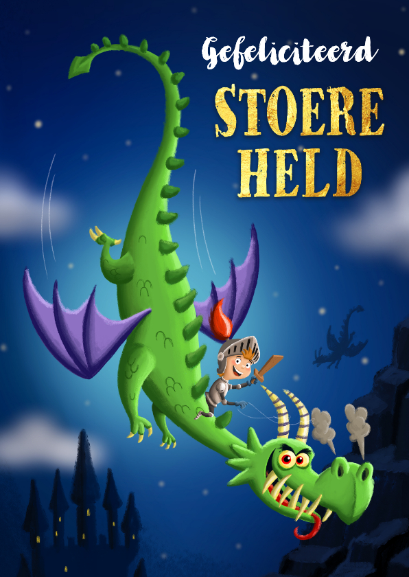 Verjaardagskaarten - Verjaardagskaart met stoere ridder op vliegende draak!