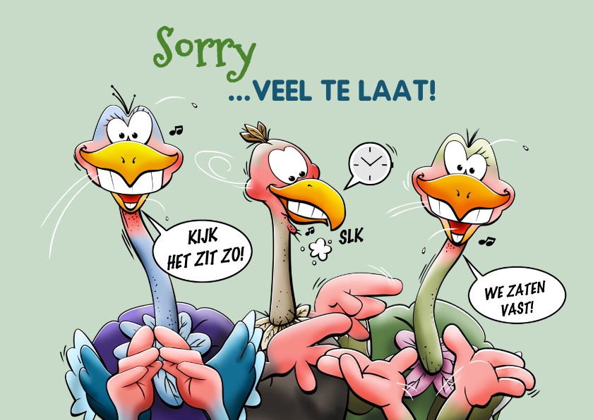 Verjaardagskaarten - Verjaardagskaart met struisvogels die te laat zijn