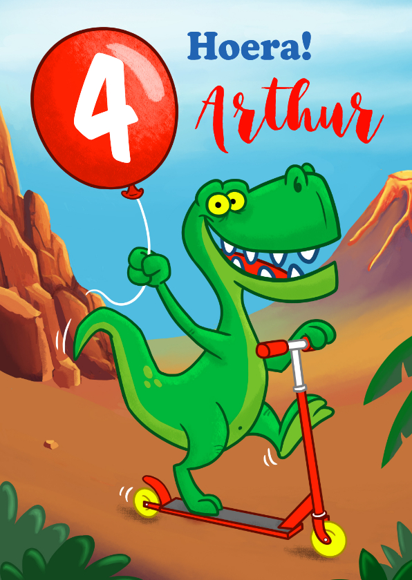Verjaardagskaart met T-rex op step met ballon in zijn hand! - Verjaardagskaarten Verjaardagskaarten - Verjaardagskaart met T-rex op step met ballon in zijn hand!