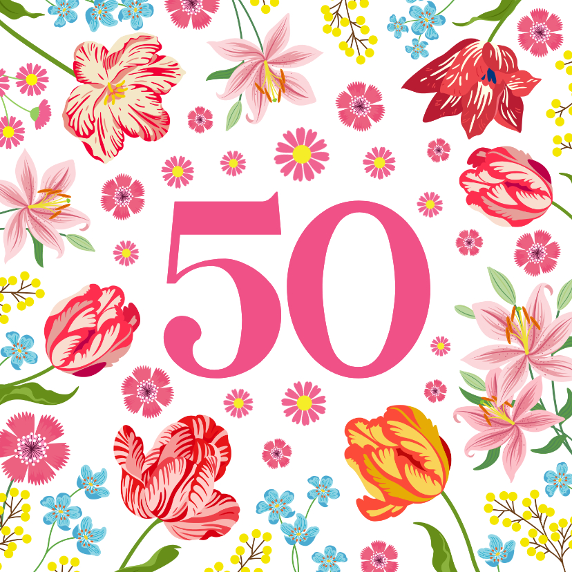 Verjaardagskaarten - Verjaardagskaart met tulpen en kleurrijke bloemen