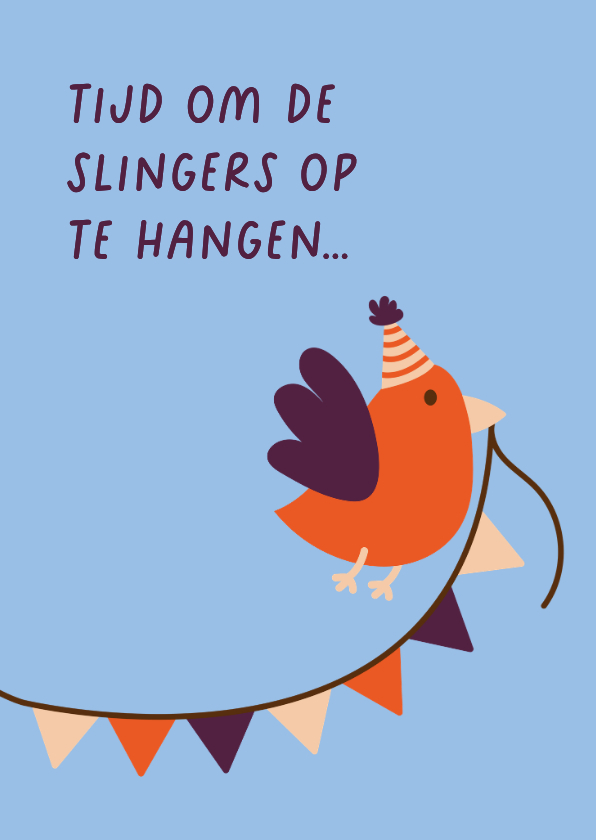 Verjaardagskaarten - Verjaardagskaart met vogeltje dat de slingers ophangt
