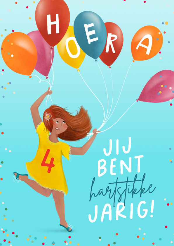 Verjaardagskaarten - Verjaardagskaart met vrolijk meisje en ballonnen