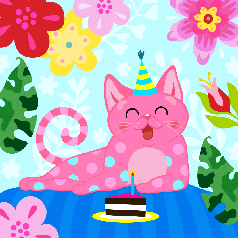 Verjaardagskaarten - Verjaardagskaart met vrolijke kat, bloemen en taart