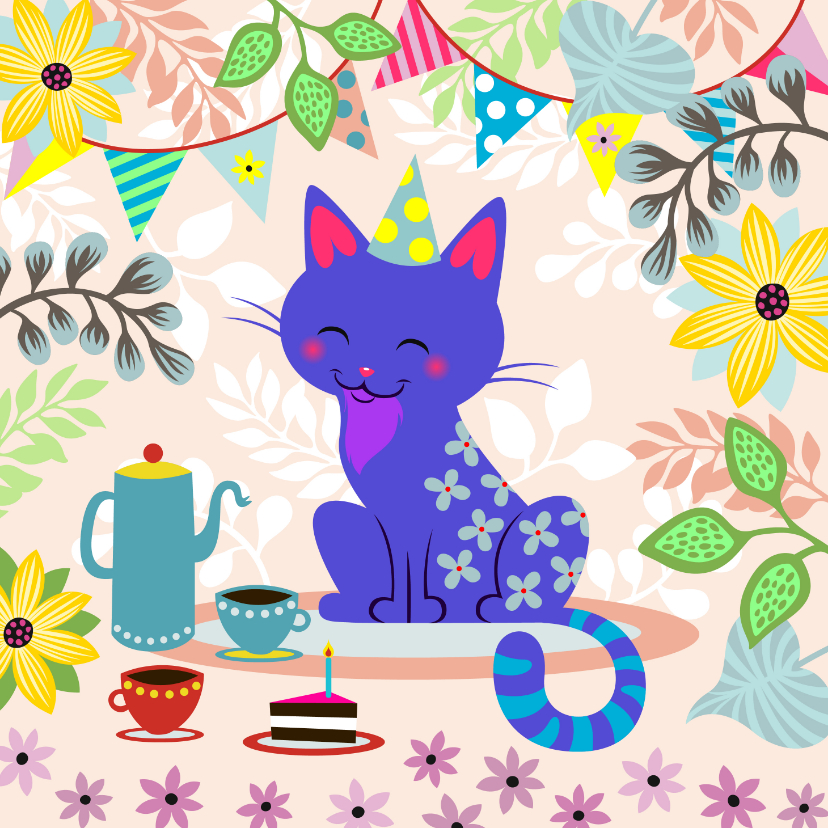 Verjaardagskaarten - Verjaardagskaart met vrolijke kat, koffie en taart