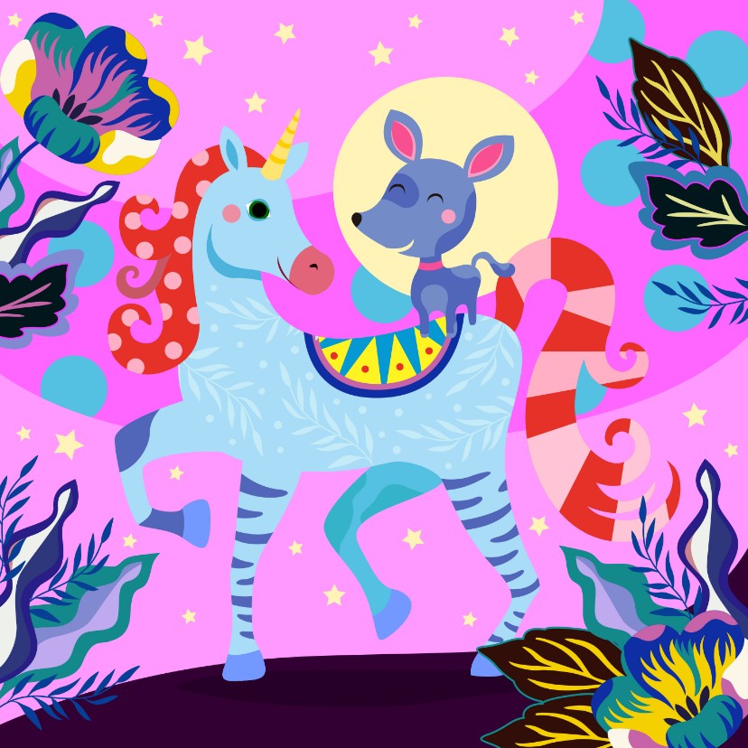 Verjaardagskaart met vrolijke unicorn en hondje - Verjaardagskaarten Verjaardagskaarten - Verjaardagskaart met vrolijke unicorn en hondje