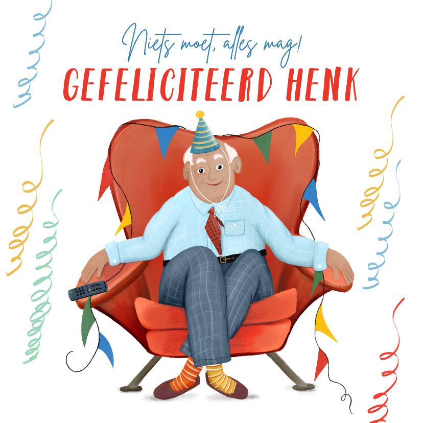 Verjaardagskaarten - Verjaardagskaart met witte meneer in luie fauteuil