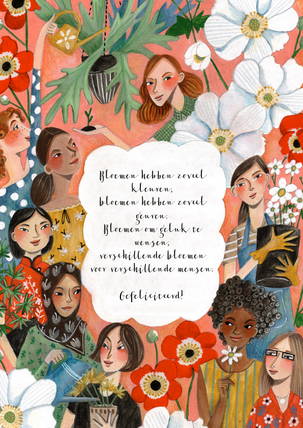 Verjaardagskaart Multiculti vrouwen bloemen en planten - Verjaardagskaarten Verjaardagskaarten - Verjaardagskaart Multiculti vrouwen bloemen en planten