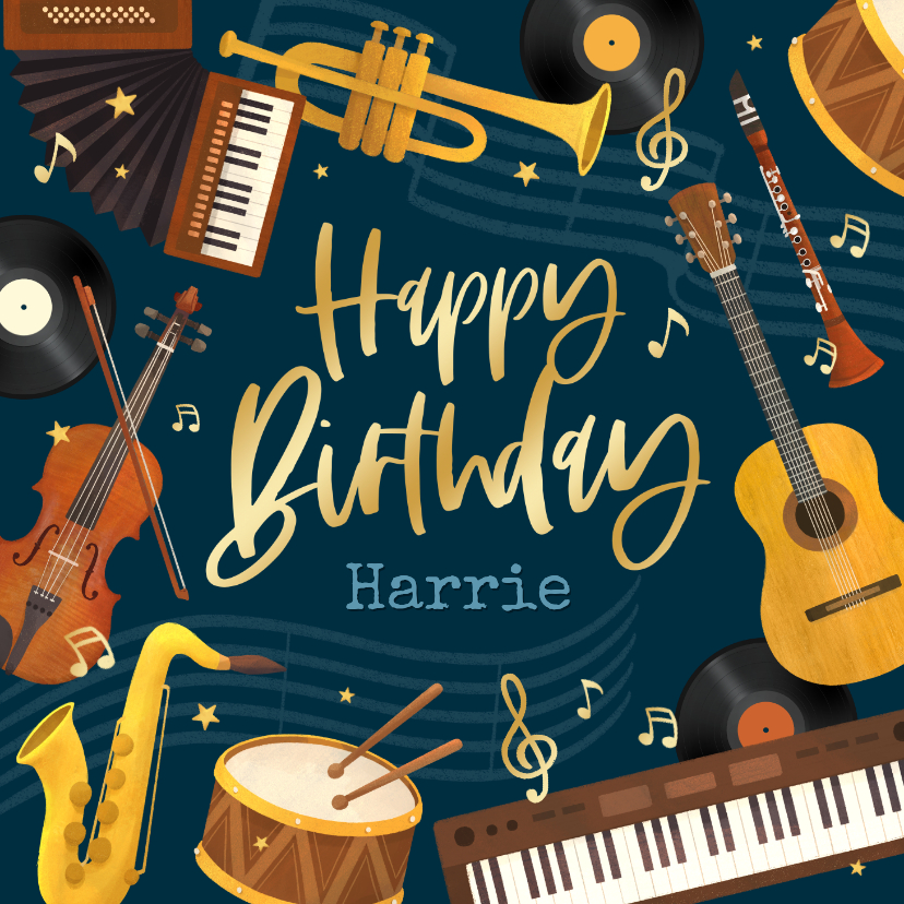 Verjaardagskaarten - Verjaardagskaart muziek instrumenten happy birthday 
