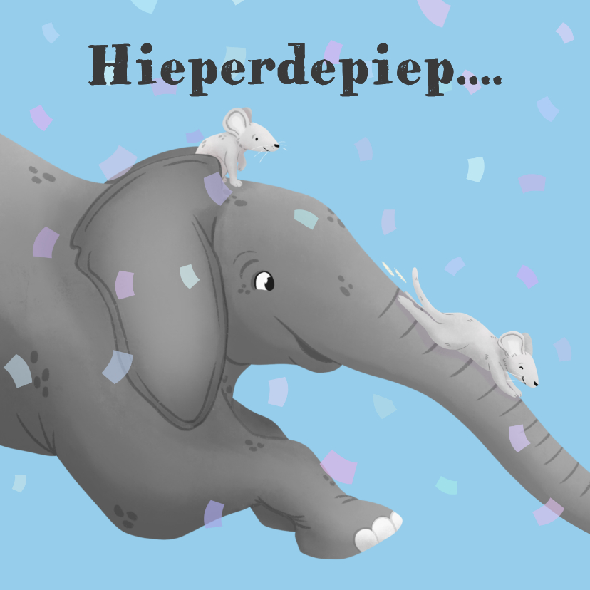 Verjaardagskaart olifant en glijdende muizen - Verjaardagskaarten Verjaardagskaarten - Verjaardagskaart olifant en glijdende muizen