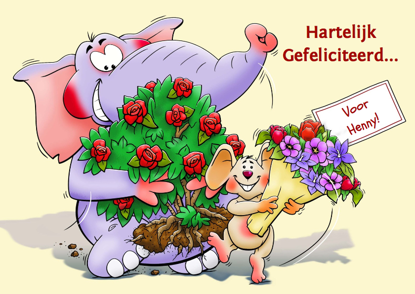 Verjaardagskaart olifant en muis met bloemen - Verjaardagskaarten Verjaardagskaarten - Verjaardagskaart olifant en muis met bloemen