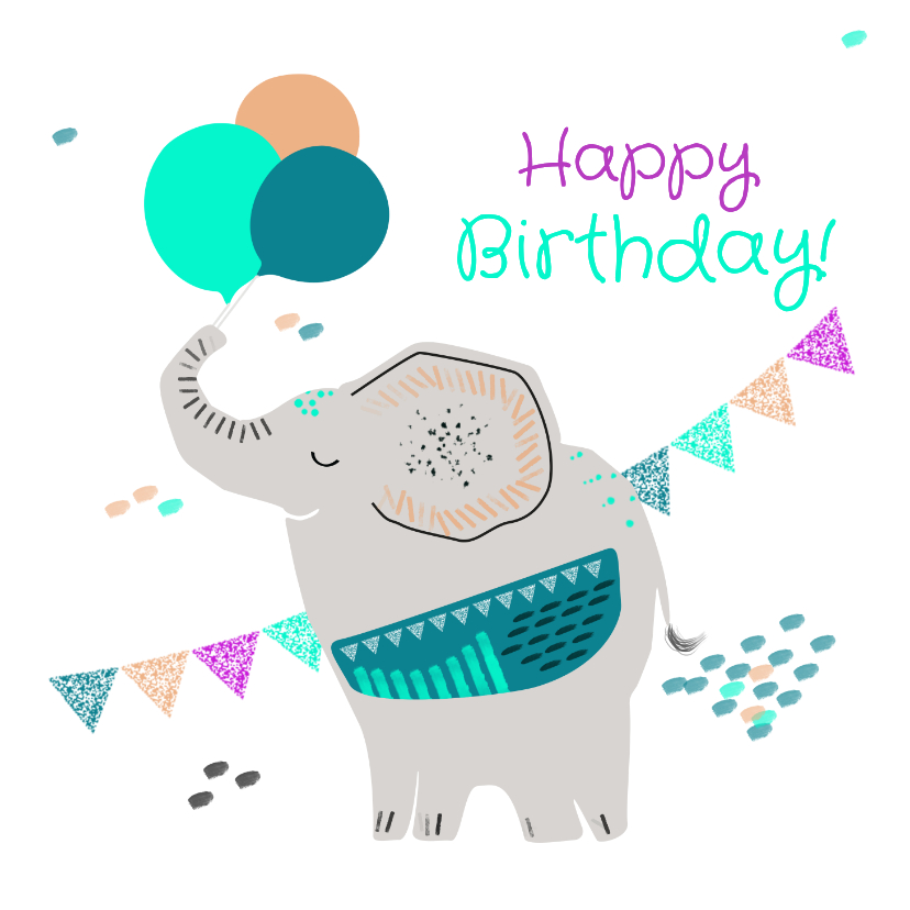 Verjaardagskaart olifant Happy Birthday - Verjaardagskaarten Verjaardagskaarten - Verjaardagskaart olifant Happy Birthday