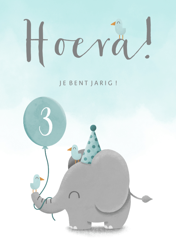Verjaardagskaarten - Verjaardagskaart olifantje met ballon en waterverf