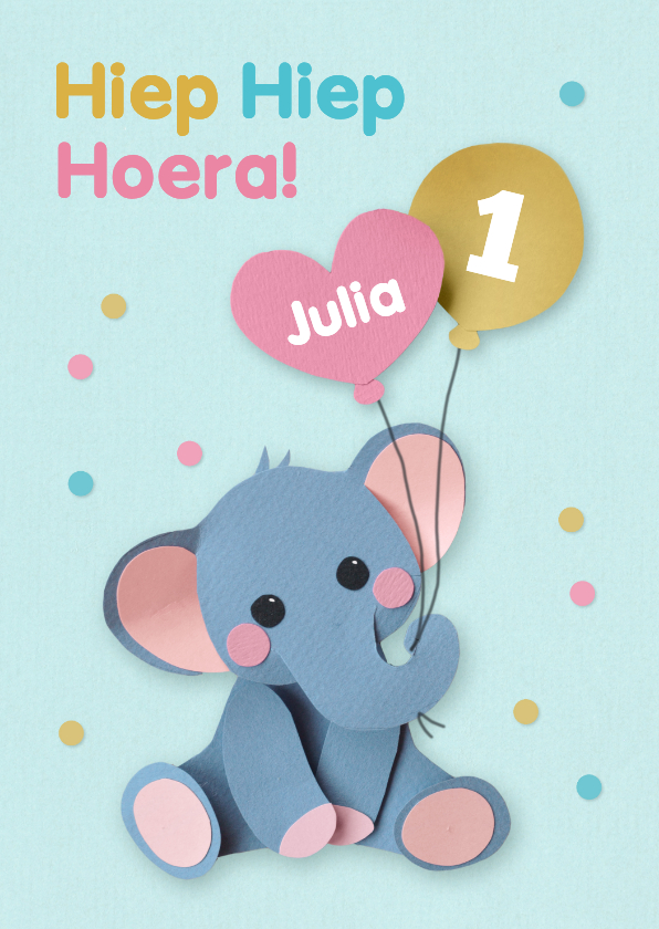 Verjaardagskaart olifantje met ballonnen 1 jaar - Verjaardagskaarten Verjaardagskaarten - Verjaardagskaart olifantje met ballonnen 1 jaar