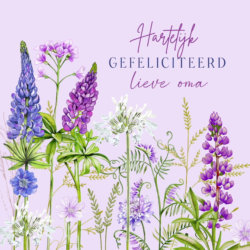 Verjaardagskaart oma wilde bloemen in het paars - Verjaardagskaarten Verjaardagskaarten - Verjaardagskaart oma wilde bloemen in het paars