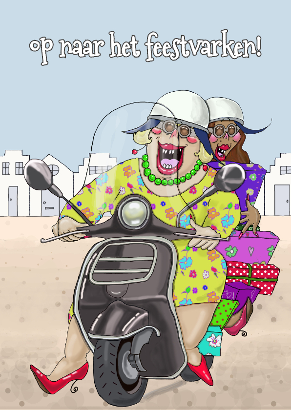 Verjaardagskaart Op de scooter - Verjaardagskaarten Verjaardagskaarten - Verjaardagskaart Op de scooter
