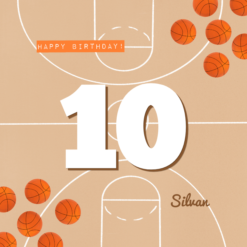 Verjaardagskaarten - Verjaardagskaart oranje basketbalveld aan te passen leeftijd