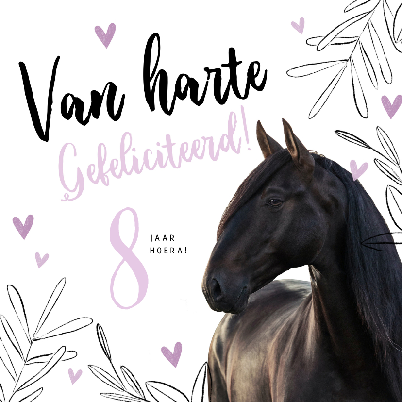Verjaardagskaarten - Verjaardagskaart paard en lila hartjes bladeren