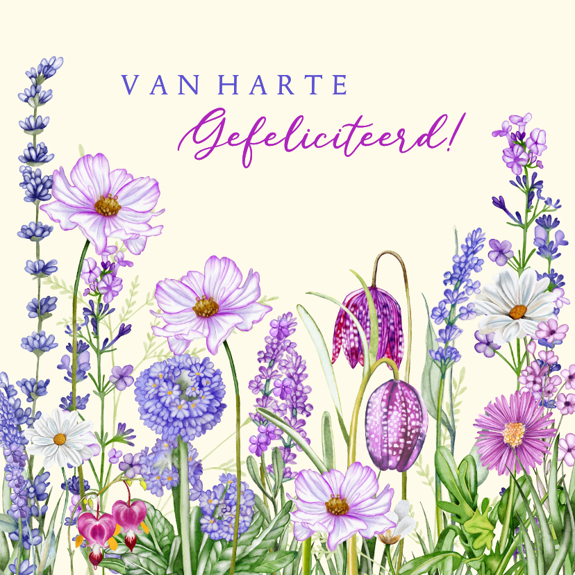 Verjaardagskaarten - Verjaardagskaart paarse bloemen in de tuin