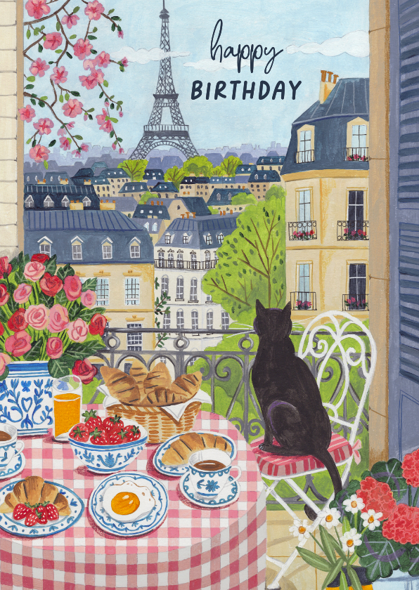 Verjaardagskaarten - Verjaardagskaart Parijs balkon kat ontbijt illustratie sfeer
