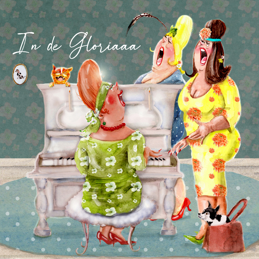 Verjaardagskaart piano drie zingende vrolijke dames - Verjaardagskaarten Verjaardagskaarten - Verjaardagskaart piano drie zingende vrolijke dames