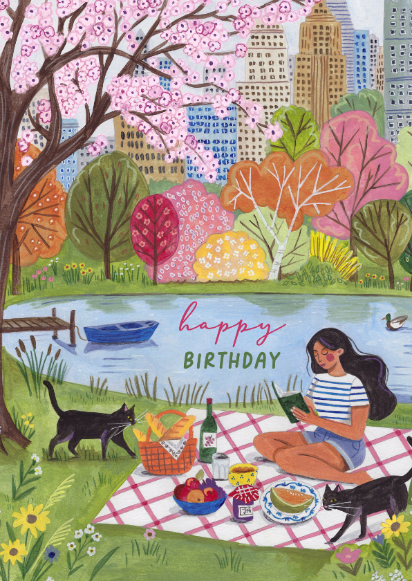 Verjaardagskaarten - Verjaardagskaart picknick in stadspark met katten en boek