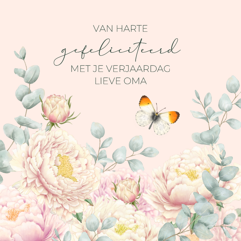Verjaardagskaarten - Verjaardagskaart pioenrozen en vlinders